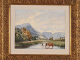 painting of a couple of horses standing in a river with mountains in the background