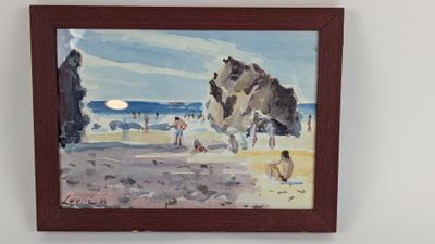 une peinture de personnes sur la plage au bord de l'eau