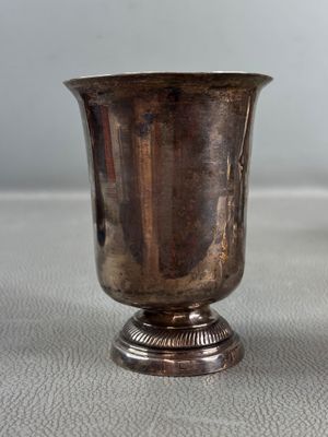 a silver cup sitting on top of a table