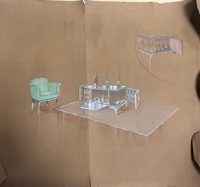 a picture of a drawing of a living room on a piece of cardboard