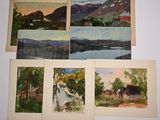 four watercolor paintings of mountains and a river in a room