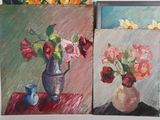 three paintings of flowers in a vase and a vase of flowers on a table