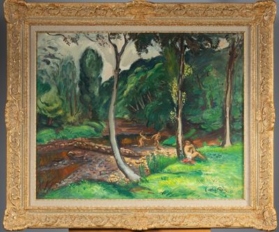 une peinture à l'huile représentant une scène forestière avec un cerf au premier plan