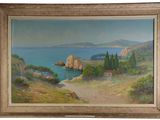 une peinture à l'huile représentant une vue sur la mer et les collines