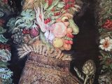 a picture of a painting of a woman holding a basket of fruit