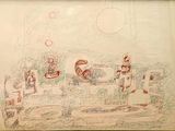 a drawing of a group of people sitting on a bench