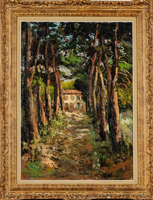 un tableau représentant un sentier traversant une forêt, avec une maison au loin