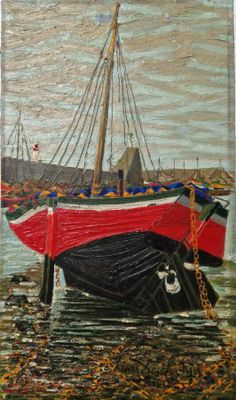 une peinture représentant un bateau rouge et noir sur l'eau