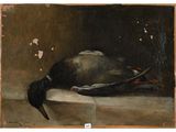 une peinture à l'huile représentant un oiseau mort posé sur une table près d'un mur