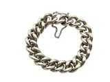 a close up of a silver chain bracelet on a white background