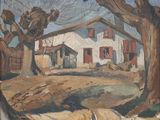 an oil painting of a white house with red shutters and trees