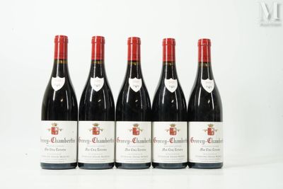 six bouteilles de vin rouge alignées