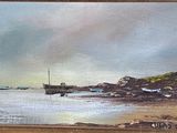 une peinture d'un bateau dans l'eau sur la plage