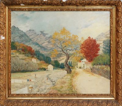 une image représentant un tableau d'une route de campagne avec un arbre au premier plan