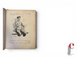 an old book with a drawing of a man sitting on a bench