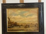 painting on easel of a painting of a beach scene with a boat in the water