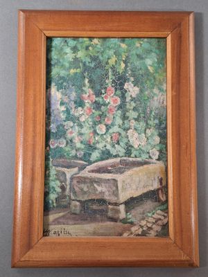 an oil painting of a garden scene with a bench and flowers