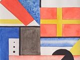 représentation d'un tableau représentant un motif géométrique composé de rouge, de jaune, de bleu et de noir