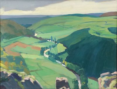an oil painting of a green valley with a river running through it