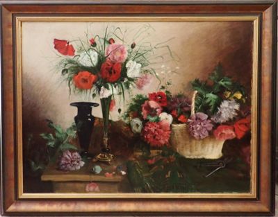 un tableau représentant des fleurs dans un vase et un panier posés sur une table