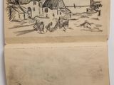 an old book with a drawing of a farm and a house