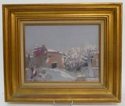 une peinture à l'huile d'un paysage enneigé avec une maison à l'arrière-plan