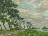 tableau représentant une route de campagne avec des arbres et une rivière au premier plan