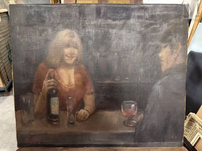 un tableau représentant un homme et une femme assis à une table, un verre de vin à la main