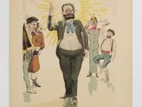 an old drawing of a man in a suit and bow tie with other people
