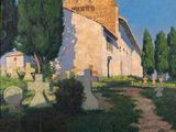 an image of a painting of a church in a cemetery