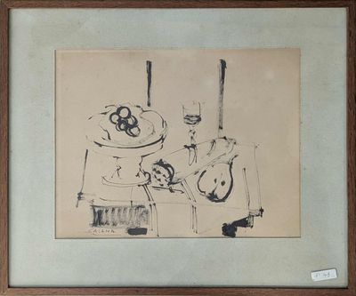 dessin représentant un homme assis à une table, coiffé d'un chapeau