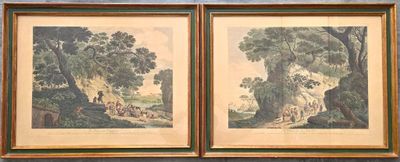 paire d'aquarelles du XIXe siècle représentant une scène forestière