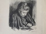 an old drawing of a woman sitting at a table writing