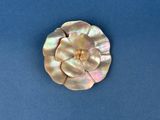 a close up of a flower brooch on a blue surface
