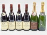 six bouteilles de vin sont alignées sur une surface blanche