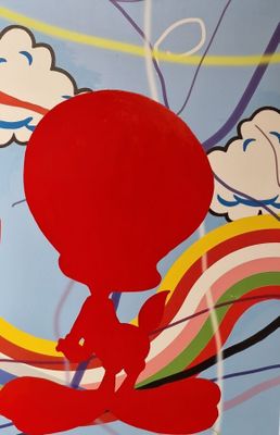 une peinture représentant une personne sur une planche de surf en plein vol