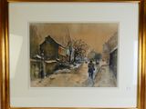 aquarelle encadrée représentant une scène de rue avec un couple marchant dans la rue