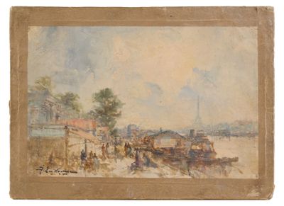 an image of a painting of a river scene with boats and people