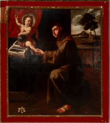 a painting of a man sitting in front of a painting of a child