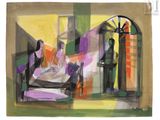 une peinture d'une chambre avec un lit et une fenêtre