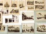 several old black and white photographs of buildings and a clock tower