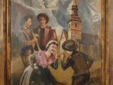 painting of a man and woman dancing in a village with a church in the background