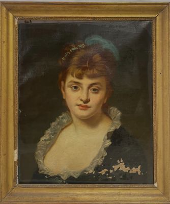 tableau représentant une femme vêtue d'une robe bleue et d'un chapeau vert