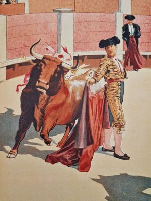 a painting of a bull and a man standing next to a bull