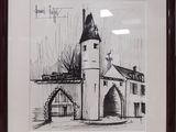 a picture of a drawing of a building in a frame