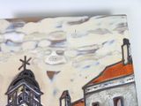 a painting of a church with a clock tower on it