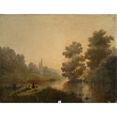 une image représentant un tableau où l'on voit une rivière, avec des arbres et un château en arrière-plan