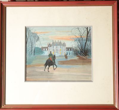 a painting of a man riding a horse in front of a house