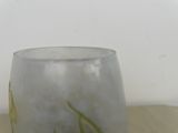a glass vase with a plant inside of it on a table