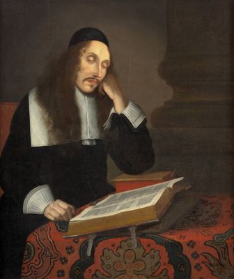 a painting of a man sitting at a table reading a book